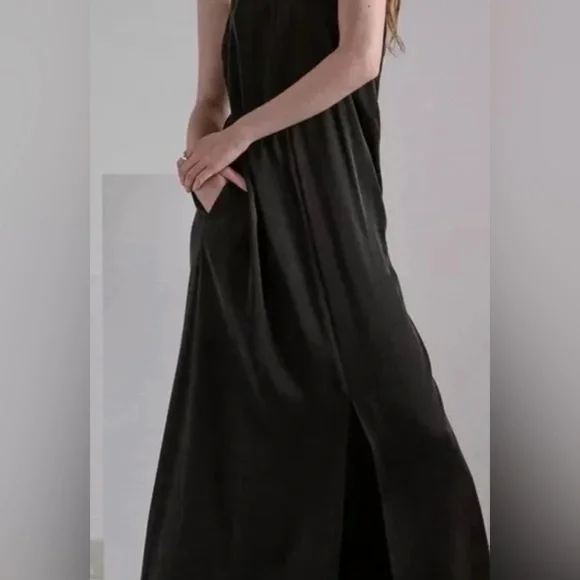 Lunya Washable Silk Racer Maxi Dress Navy Blue Deep V-Back Slit Minimalist L/XL - Picture 3 of 15